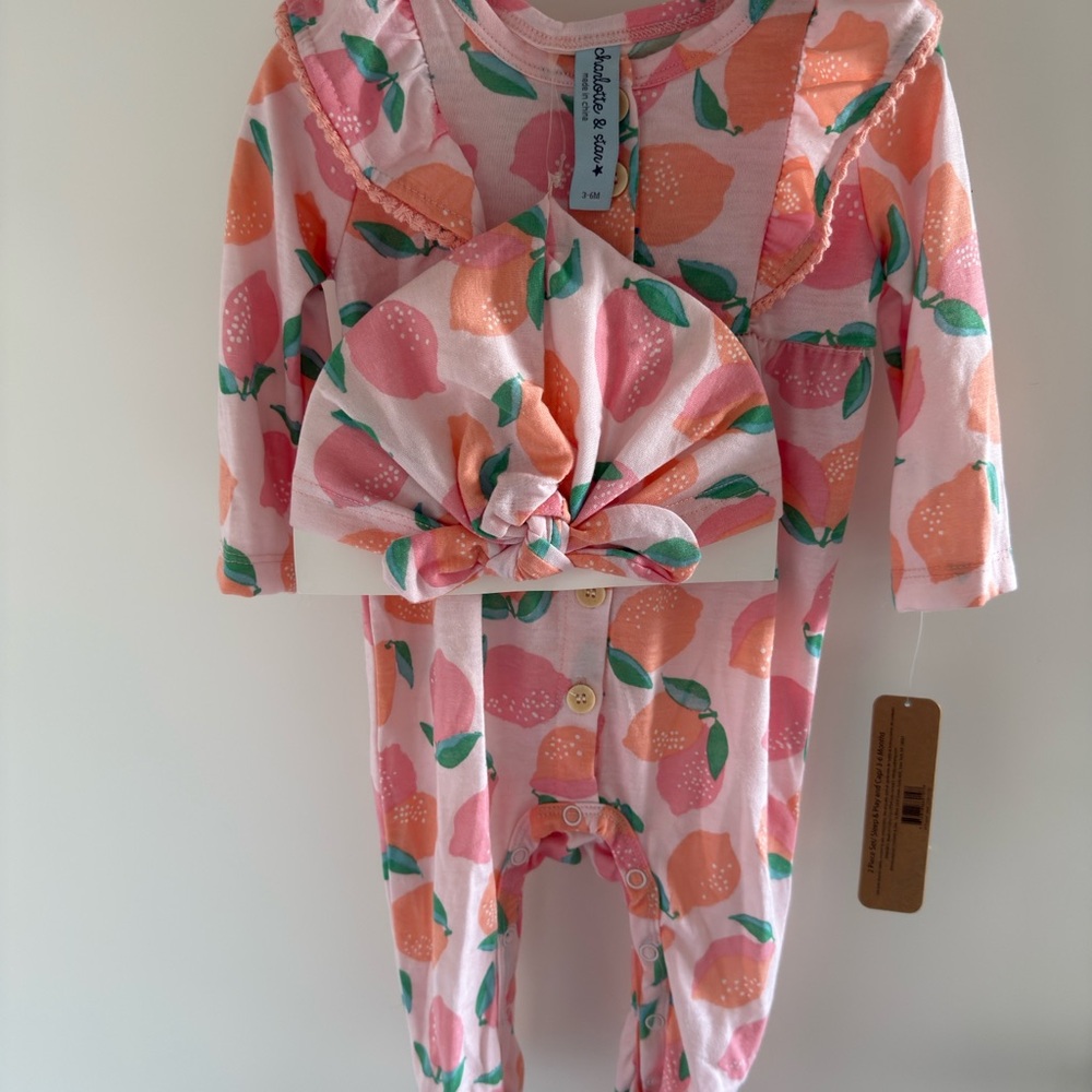 Charlotte & Star Baby Romper + Hat Set (3–6M) — 100% Cotton